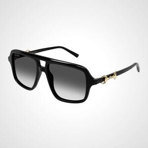 New GUCCI Sunglasses Black Navigator Pilot Aviator Gold Horsebit 53mm Grey Lens